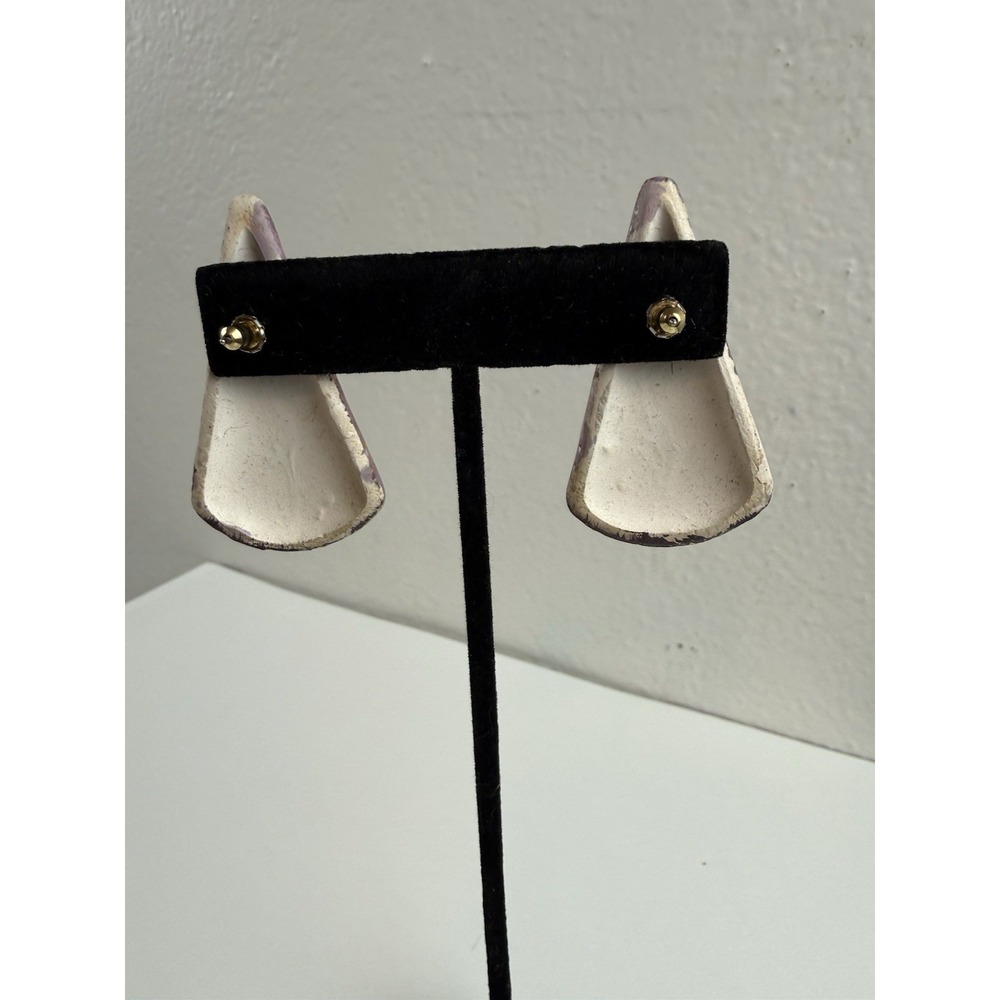 Vintage 80s Pink Gold Marbled Ceramic Triangle Statement Pierced Retro Earrings - Picture 9 of 9